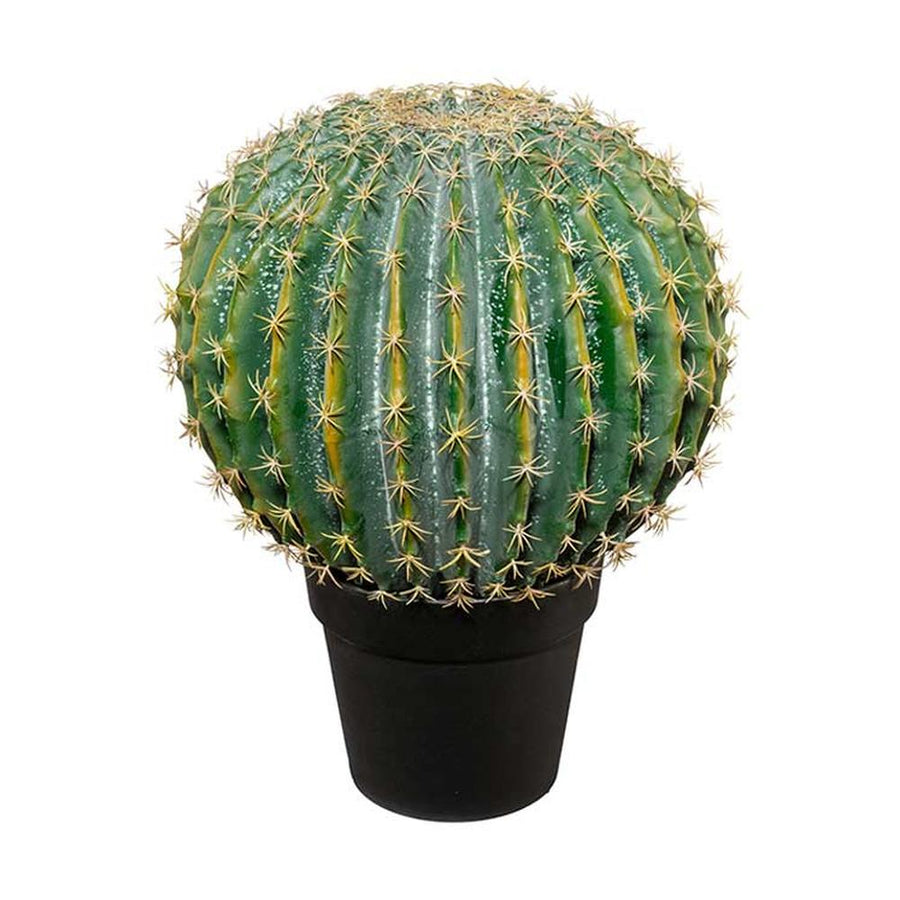 Élethű megjelenésű, 36 cm átmérőjű és 45 cm magas, zöld színű, mesterséges gömbkaktusz, fekete, műanyag cserépben.