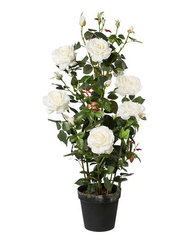 Prémium minőségű, nagyméretű, 112 cm magas, fehér színű, élethű mesterséges mű rózsabokor, fekete műanyag cserépben