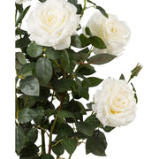 Prémium minőségű, nagyméretű, 90 cm magas, fehér színű, élethű mesterséges mű rózsabokor, fekete műanyag cserépben
