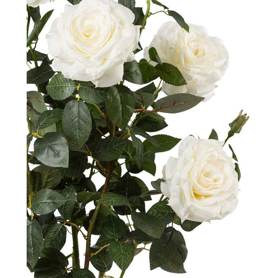 Prémium minőségű, nagyméretű, 90 cm magas, fehér színű, élethű mesterséges mű rózsabokor, fekete műanyag cserépben