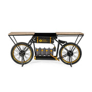 Korabeli versenymotor formájú, fa fedlapos antikolt fekete fém bortartós bárpult oldalnézete.