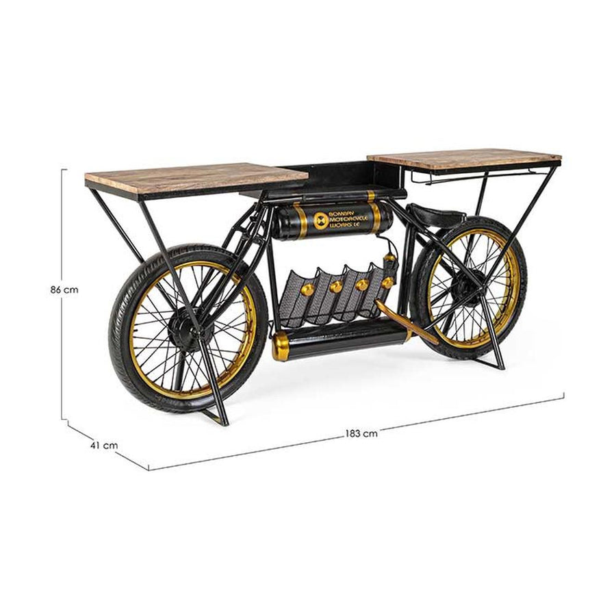 Korabeli versenymotor formájú, fa fedlapos antikolt fekete fém bortartós bárpult kótázott méretei.