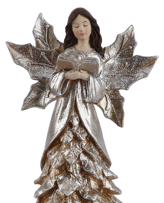 Vintage stílusú, ezüst színű, 27,5 cm magas, karácsonyi erdei angyal figura könyvvel a kezében