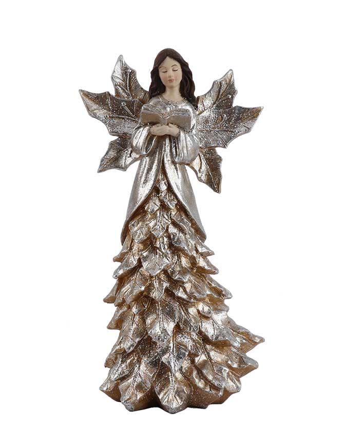 Vintage stílusú, ezüst színű, 27,5 cm magas, karácsonyi erdei angyal figura könyvvel a kezében