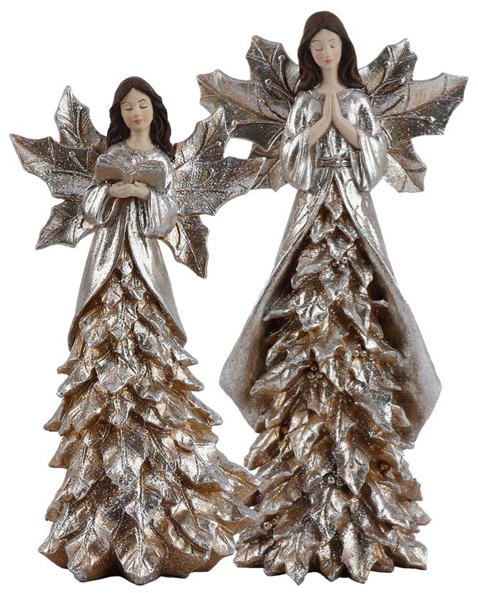 Vintage stílusú, ezüst színű, 34 cm magas, imádkozó, karácsonyi erdei angyal figura