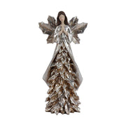 Vintage stílusú, ezüst színű, 34 cm magas, imádkozó, karácsonyi erdei angyal figura