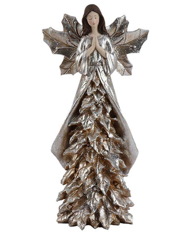Vintage stílusú, ezüst színű, 34 cm magas, imádkozó, karácsonyi erdei angyal figura