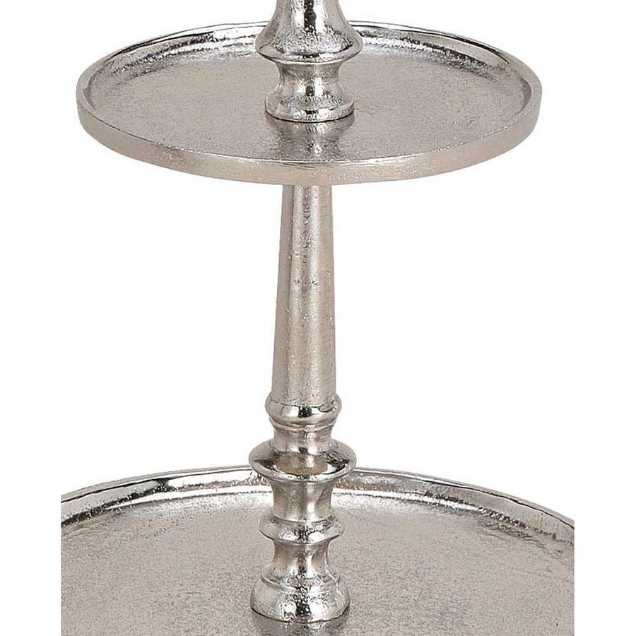 Kerek formájú, ezüst színű, 2 szintes fém kínáló állvány