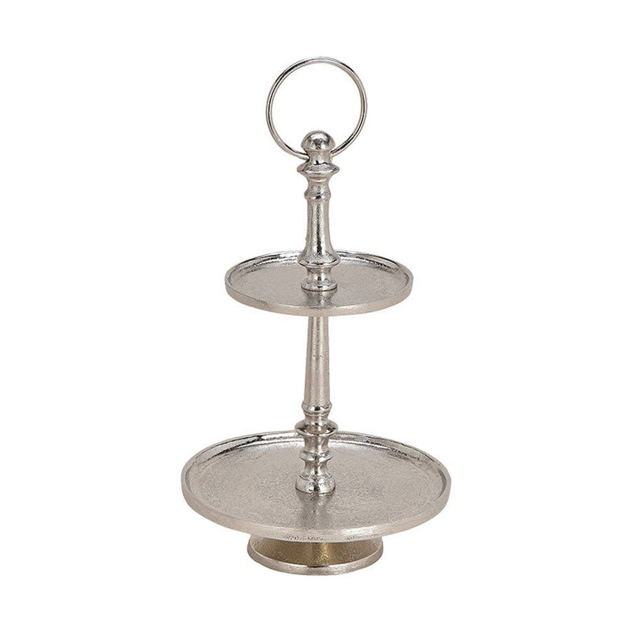 Kerek formájú, ezüst színű, 2 szintes fém kínáló állvány