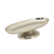 Glamour stílusú, 26 cm hosszú, ovális formájú, ezüstszínű talpas fémtálca