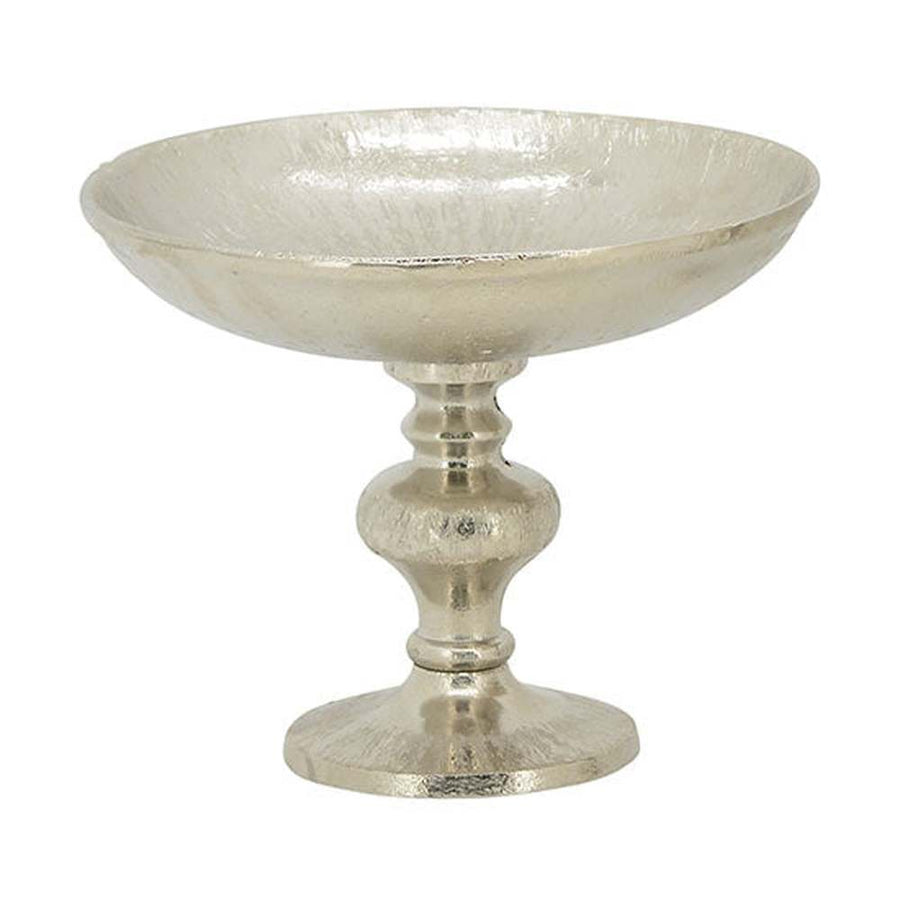 Glamour stílusú, ezüst színű, alumíniumból késült talpas fémtál.