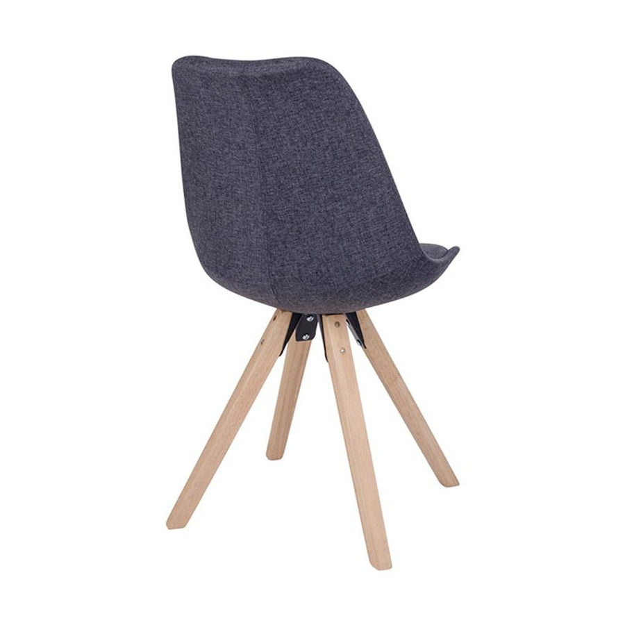 Skandináv stílusú, kagylóhéj formájú, szürke színű textillel kárpitozott étkezőszék, kaucsukfa lábakkal.