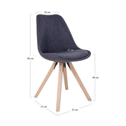 Skandináv stílusú, kagylóhéj formájú, szürke színű textillel kárpitozott étkezőszék, kaucsukfa lábakkal.