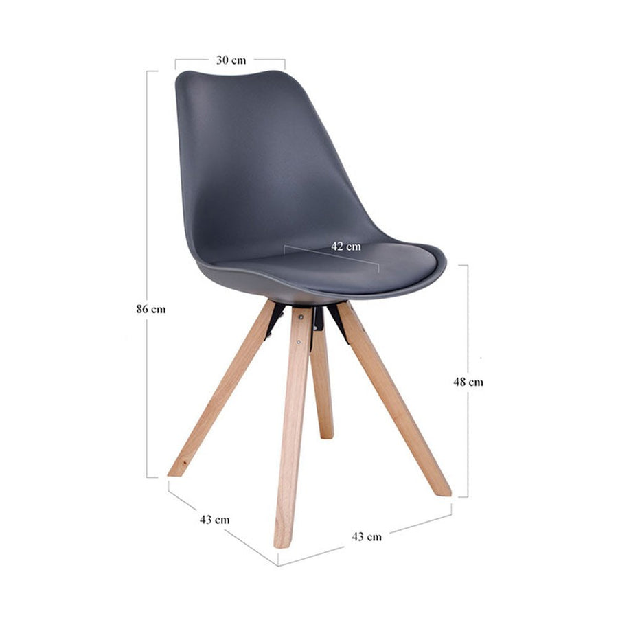 Skandináv stílusú, kagylóhéj formájú, natúr színű kaucsukfa, gumifa lábú, szürke színű műbőrrel teljesen kárpitozott műanyag étkezőszék