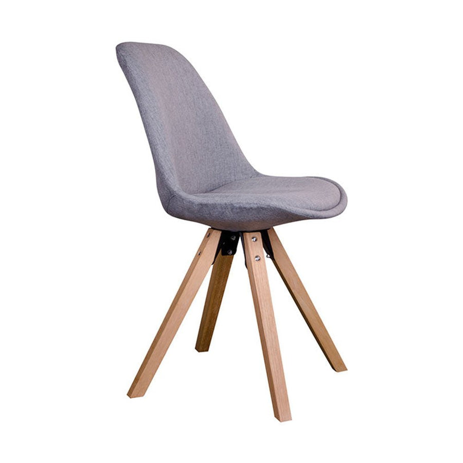 Skandináv stílusú, kagylóhéj formájú, világosszürke színű textillel kárpitozott étkezőszék, kaucsukfa lábakkal.