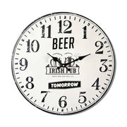 Vintage stílusú, 40 cm átmérőjű fém falióra "Beer Irish Pub Tomorrow" felirattal