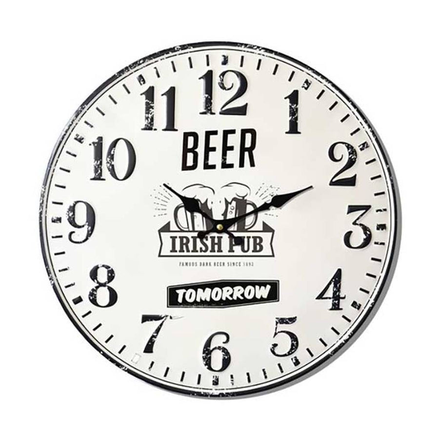 Vintage stílusú, 40 cm átmérőjű fém falióra "Beer Irish Pub Tomorrow" felirattal