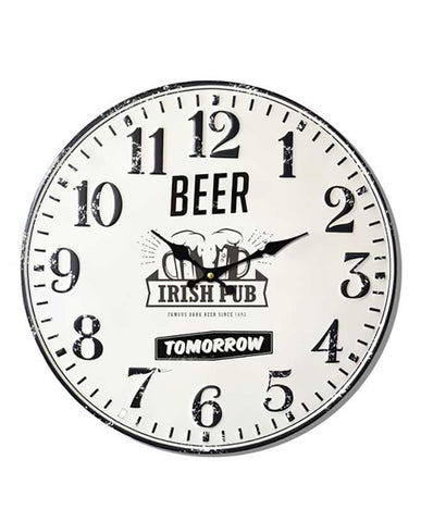 Vintage stílusú, 40 cm átmérőjű fém falióra "Beer Irish Pub Tomorrow" felirattal