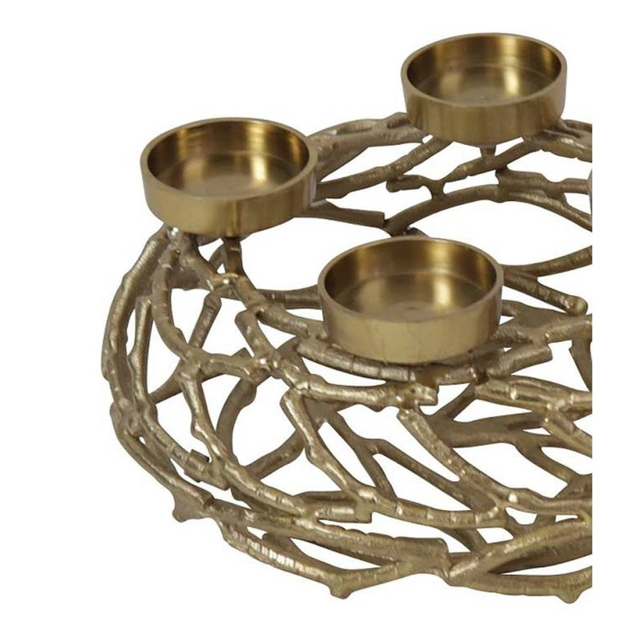 Modern, glamour stílusú, 27 cm átmérőjű, alumíniumból készült, aranyszínű adventi gyertyatartó koszorú