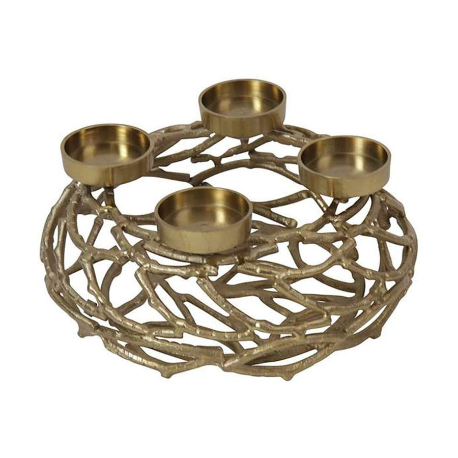 Modern, glamour stílusú, 27 cm átmérőjű, alumíniumból készült, aranyszínű adventi gyertyatartó koszorú