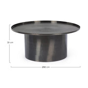 Modern, kortárs stílusú, fekete színű, nikkelezett acélból készült, kör alakú dohányzóasztal, mertekkel ellátót képe.