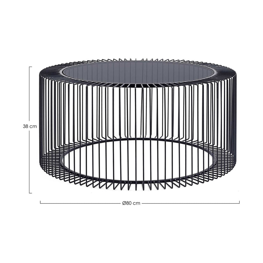 Porfestett, fekete színű acélból készült, sötét színű edzett üvegű, modern, kortárs stílusú kör alakú dohányzóasztal.