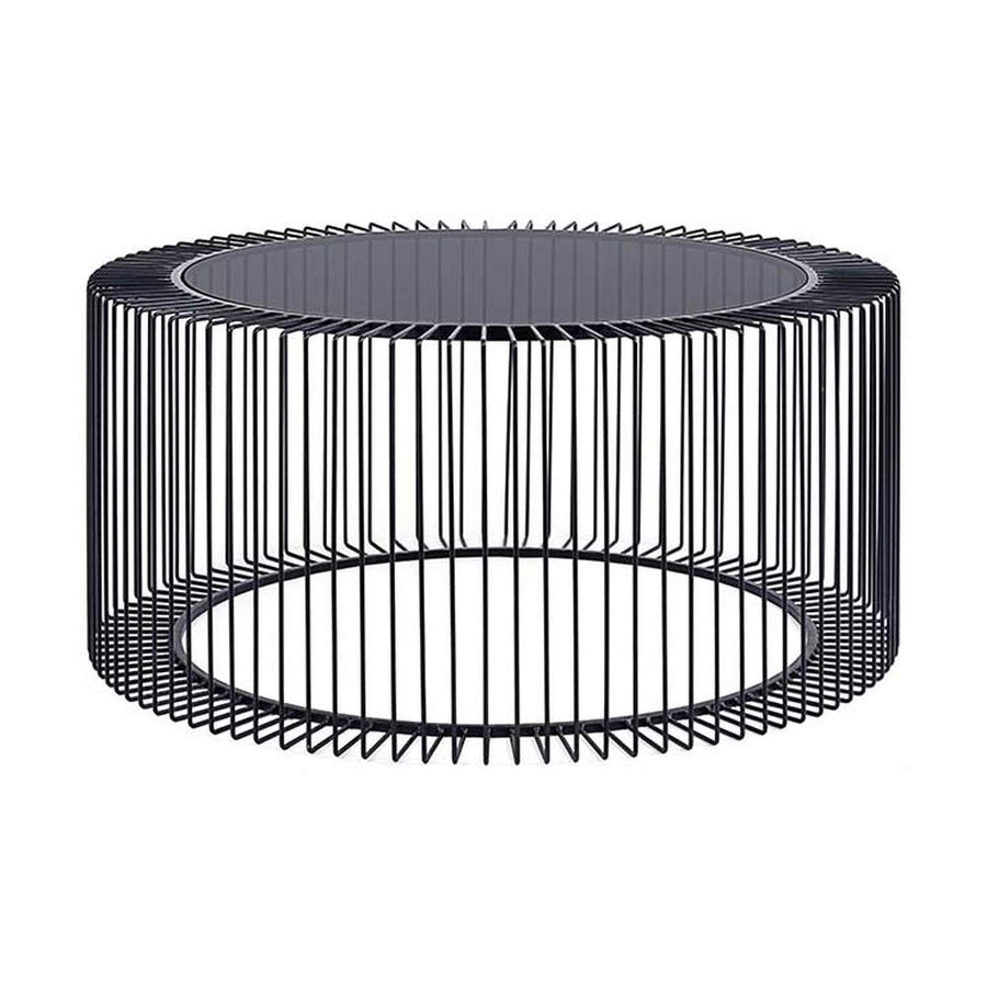 Porfestett, fekete színű acélból készült, sötét színű edzett üvegű, modern, kortárs stílusú kör alakú dohányzóasztal.