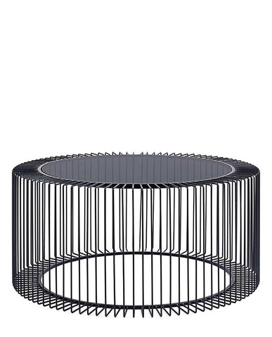 Porfestett, fekete színű acélból készült, sötét színű edzett üvegű, modern, kortárs stílusú kör alakú dohányzóasztal.