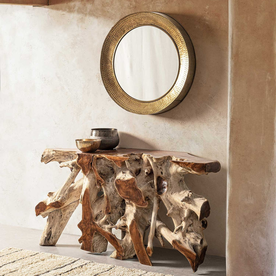 Antikolt felületű, arany színű, kör alakú fém tükör.