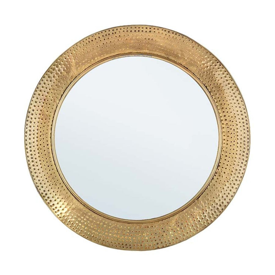 Antikolt felületű, arany színű, kör alakú fém tükör.