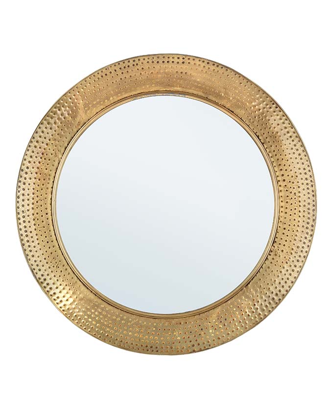 Antikolt felületű, arany színű, kör alakú fém tükör.