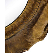 Szecessziós stílusú, antikolt felületű, óarany színű, kör alakú, kézműves fém falitükör közeli képe