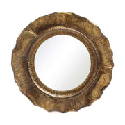 Szecessziós stílusú, antikolt felületű, óarany színű, kör alakú, kézműves fém falitükör
