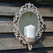 Vintage stílusú, antikolt fém falitükör gyertyatartóval