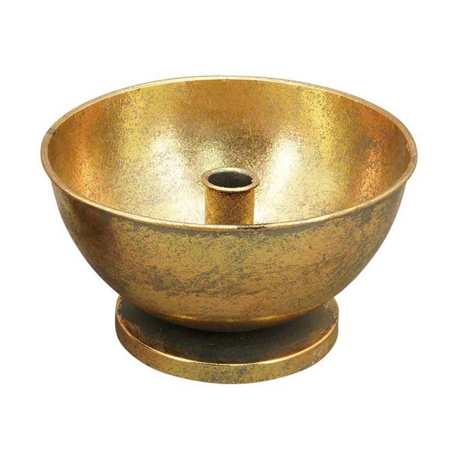 Antikolt felületű, aranyszínű fémből készült, vidéki stílusú gyertyatartó.