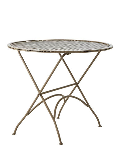 Retró stílusjegyeket használó, porfestett acélból készült, 61 cm átmérőjű, összecsukható, bézs színű, kortárs stílusú kézműves kerti kisasztal