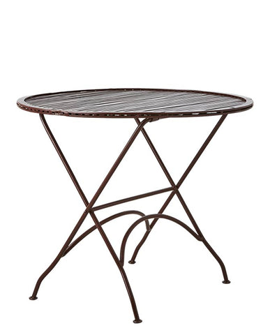Retró stílusjegyeket használó, porfestett acélból készült, összecsukható, bordó színű, kortárs stílusú kézműves kerti kisasztal.