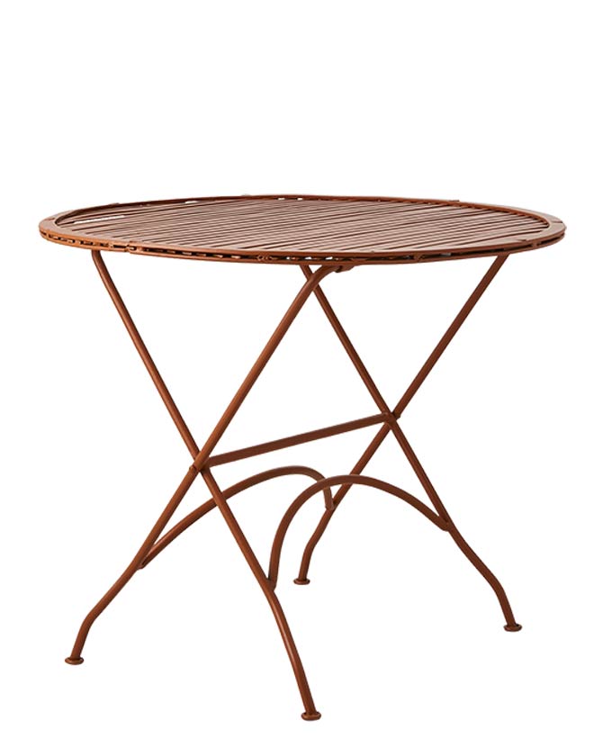 Retró stílusjegyeket használó, porfestett acélból készült,, összecsukható, narancssárga színű, kortárs stílusú kézműves kerti kisasztal.