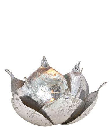Oriental stílusú, lótuszvirág formájú, nagyméretű fém mécsestartó üvegbetéttel