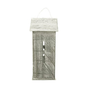 Antikolt felületű, szürke színű fémből készült, házikó formájú függeszthető karácsonyi mécsestartó.