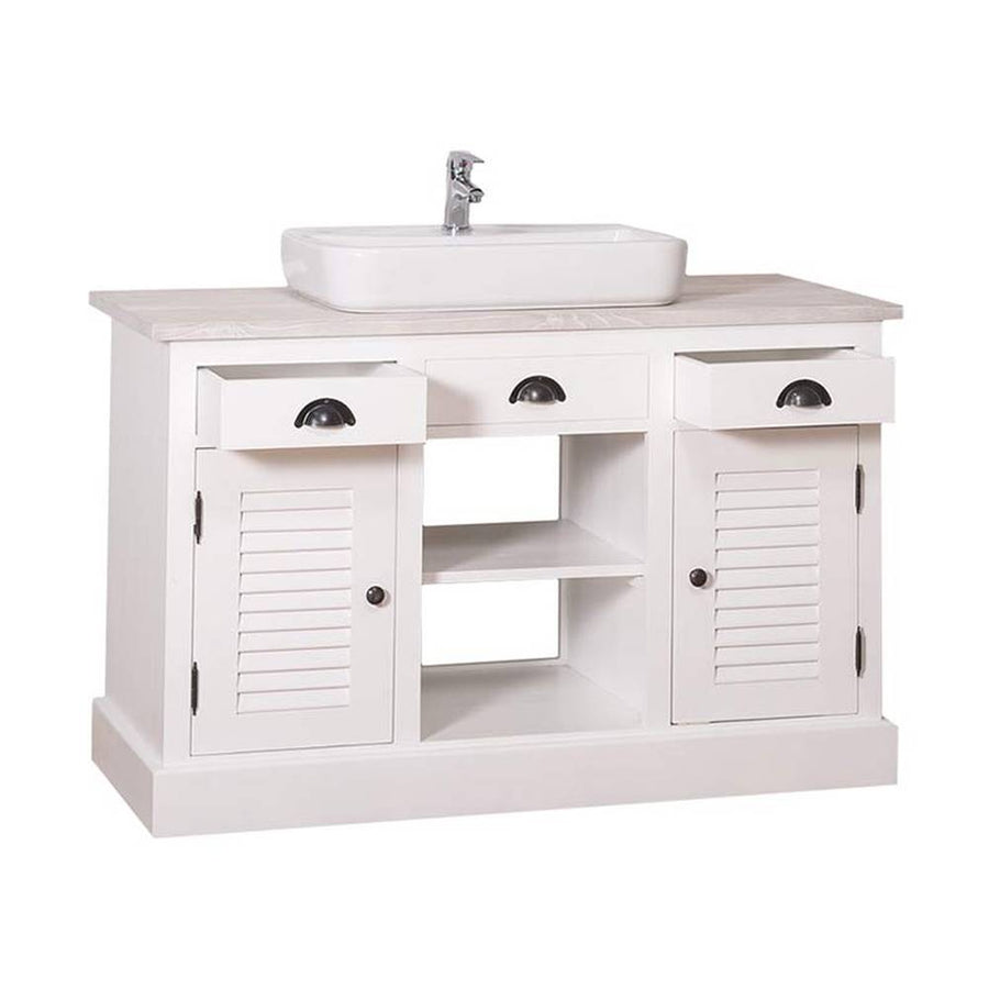 Fenyőfából készült polcos mosdószekrény 3 darab fiókkal, tölgyfalap fedlappal.