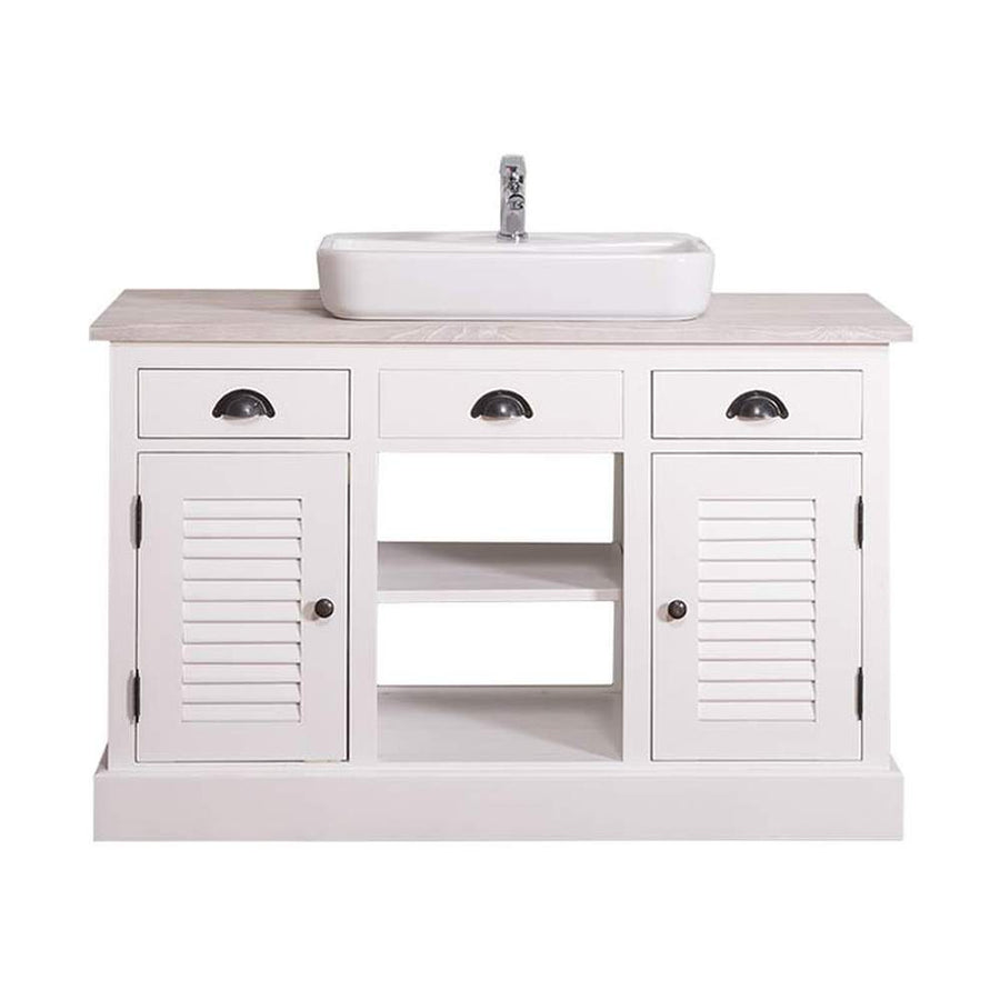 Fenyőfából készült polcos mosdószekrény 3 darab fiókkal, tölgyfalap fedlappal.