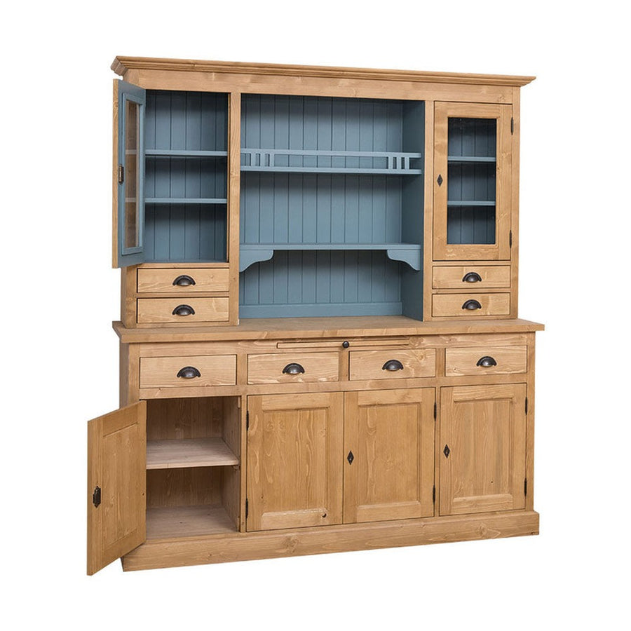 Tömör fenyőfából készült, 179 cm hosszú és 197 cm magas tálalószekrény