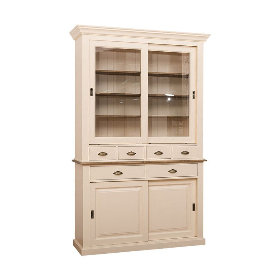 Tömör fenyőfából készült, 142 cm hosszú és 225 cm magas vitrines tálalószekrény