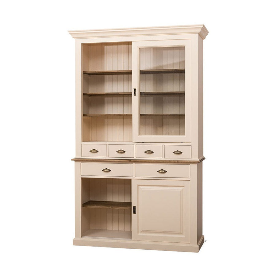 Tömör fenyőfából készült, 142 cm hosszú és 225 cm magas vitrines tálalószekrény