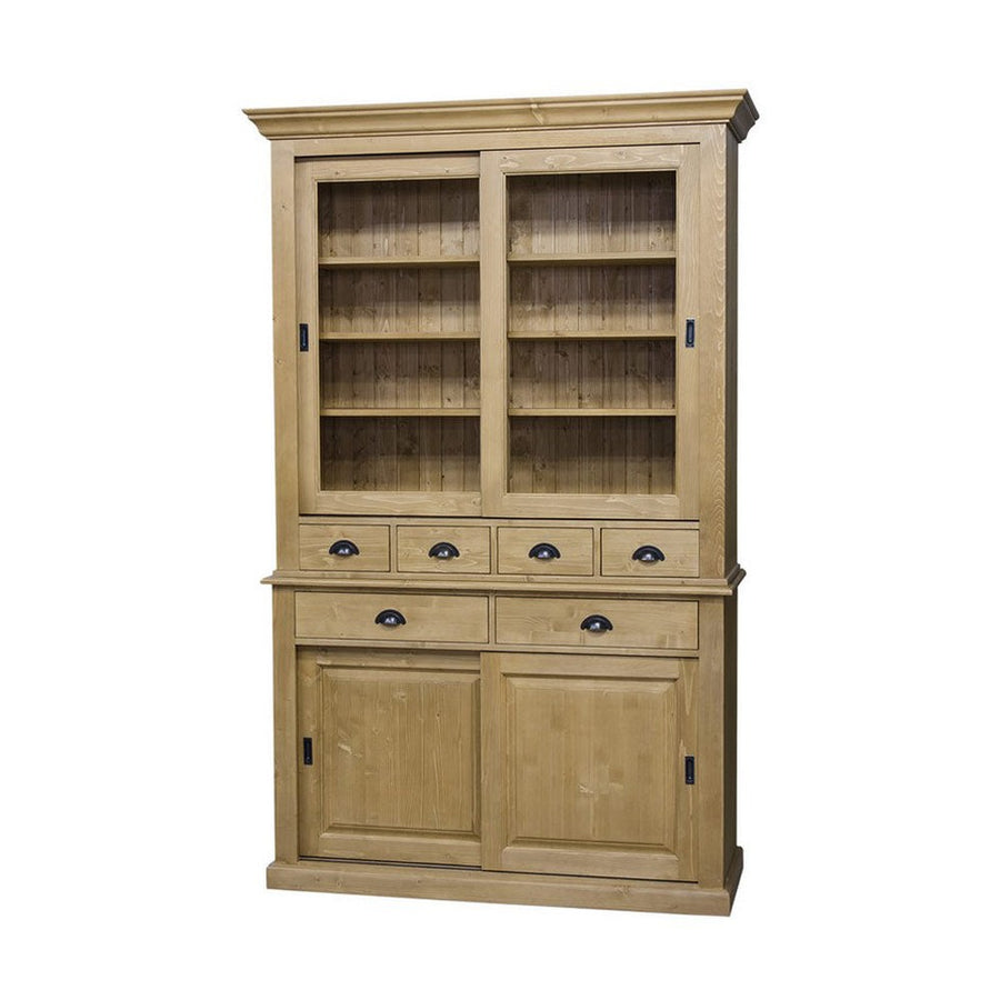 Tömör fenyőfából készült, 142 cm hosszú és 225 cm magas vitrines tálalószekrény