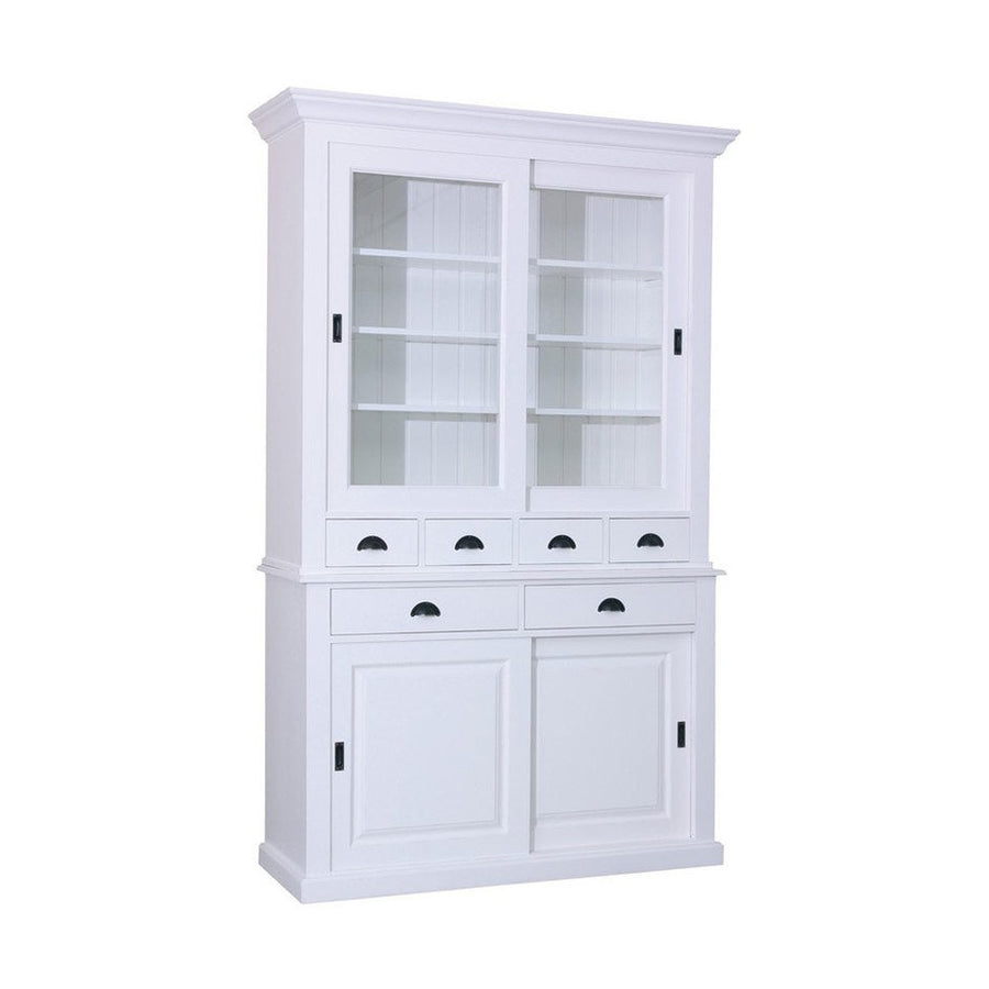 Tömör fenyőfából készült, 142 cm hosszú és 225 cm magas vitrines tálalószekrény