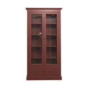 Tömör fenyőfából készült, 109 cm hosszú és 210 cm magas, kétfiókos, kétajtós zárható vitrin-könyvszekrény