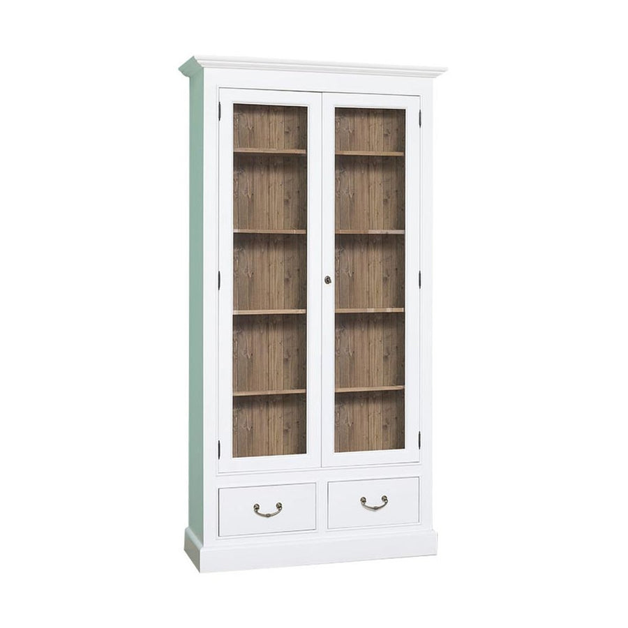 Tömör fenyőfából készült, 109 cm hosszú és 210 cm magas, kétfiókos, kétajtós zárható vitrin-könyvszekrény