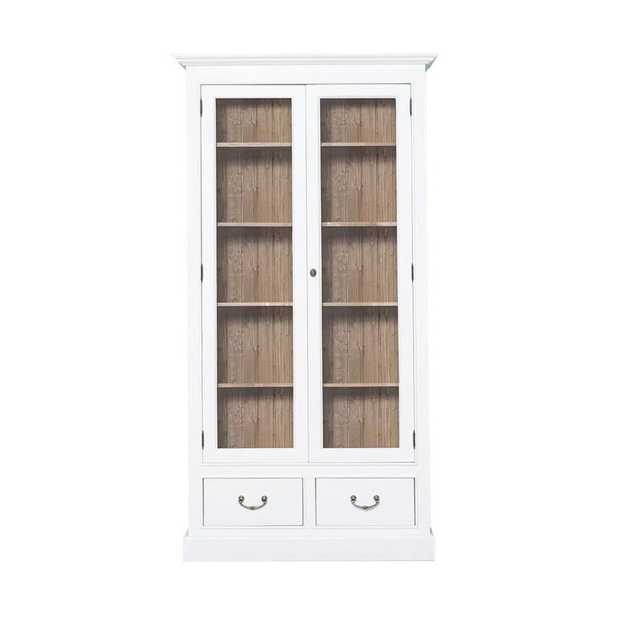 Tömör fenyőfából készült, 109 cm hosszú és 210 cm magas, kétfiókos, kétajtós zárható vitrin-könyvszekrény